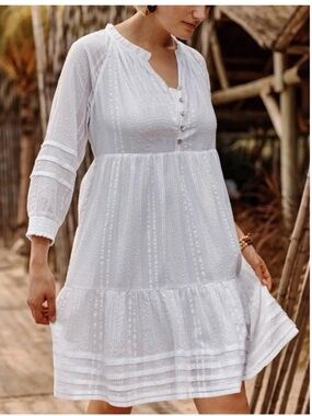 J. Jill White Textured Long-Sleeve Button Dress Cotton